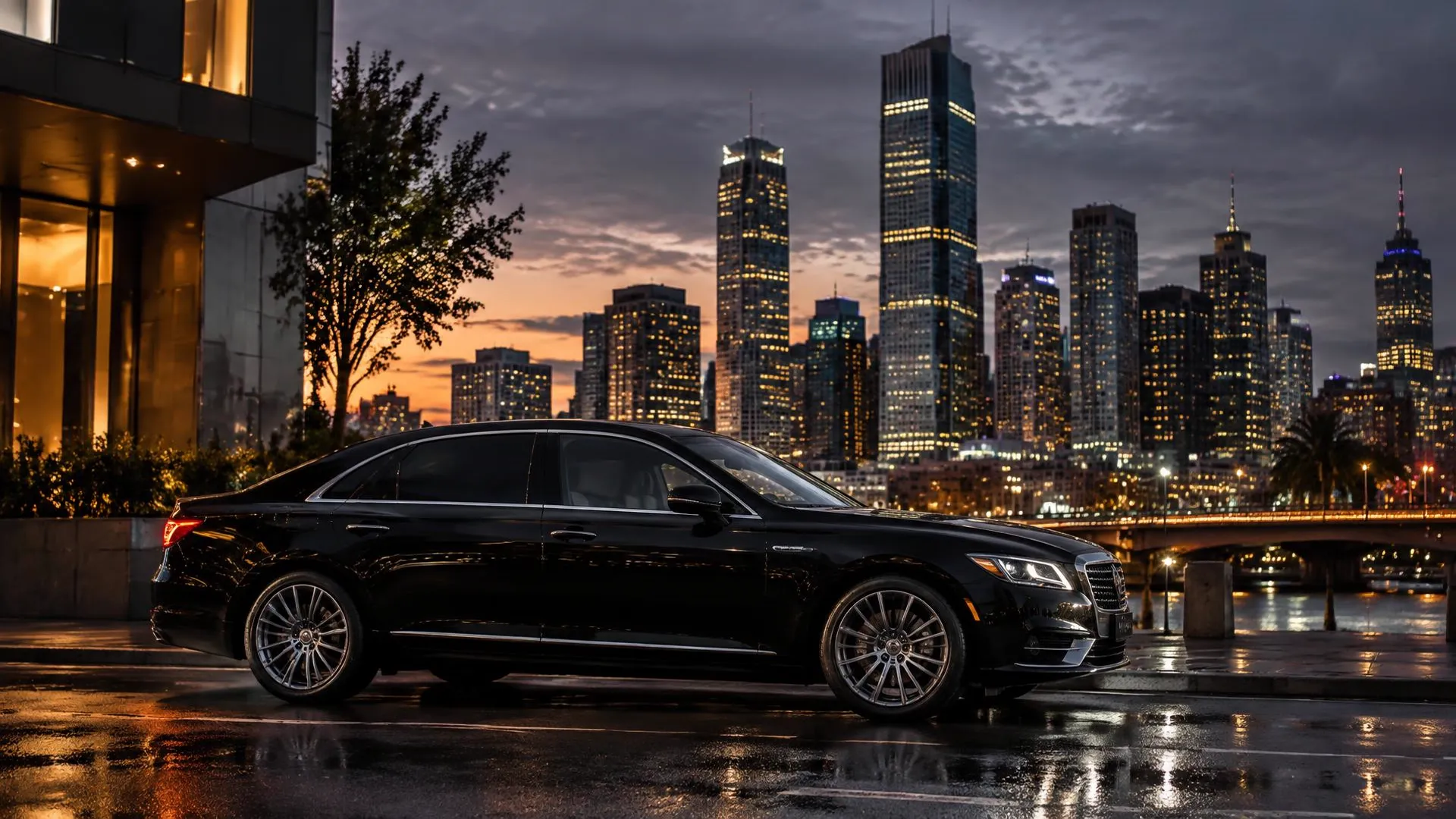 Black chauffeured luxury sedan on a Melbourne city street at dusk with the CBD skyline behind