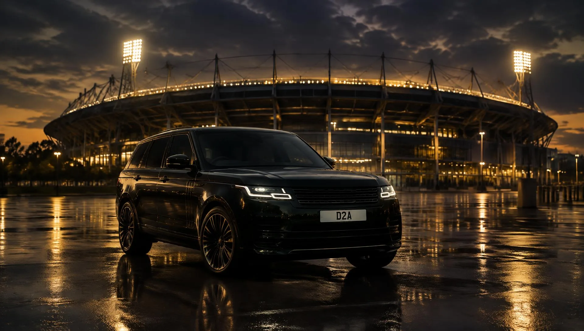 Black executive vehicle on a wet forecourt outside a floodlit stadium at dusk with a chauffeur waiting