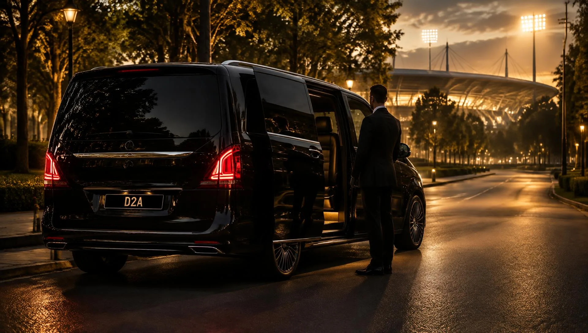 Black premium people mover with chauffeur at the open rear door on a tree-lined boulevard near a floodlit sports ground