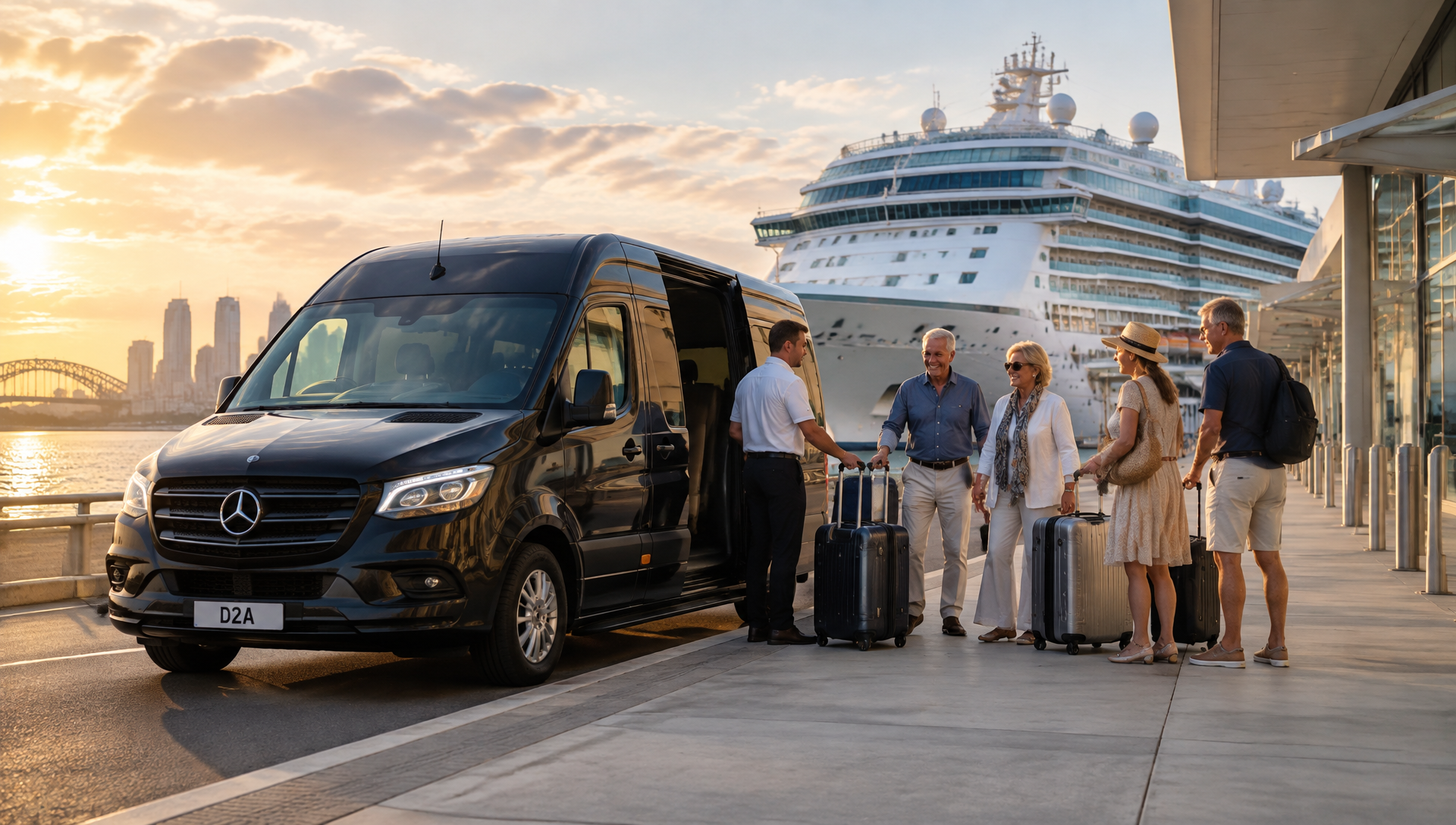 Black Mercedes-Benz Sprinter loading cruise passengers and luggage at a terminal