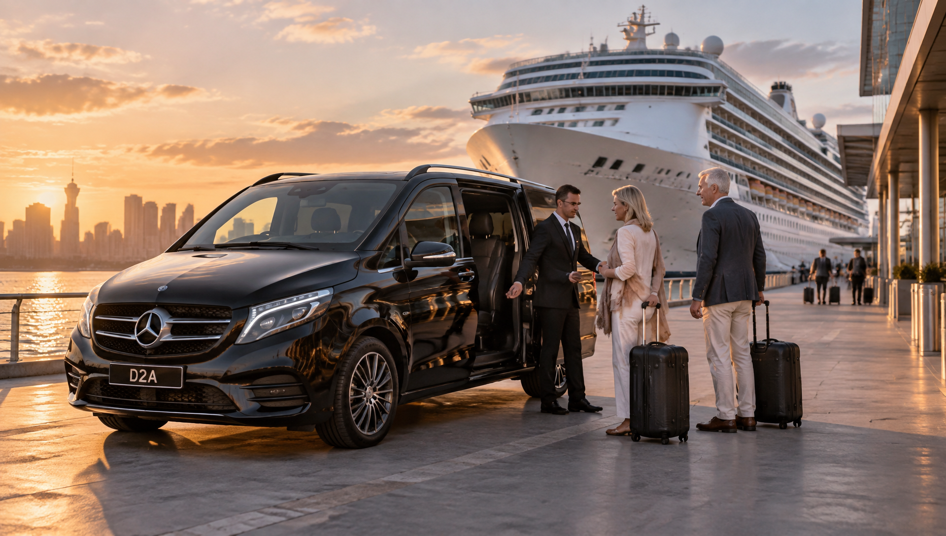 Black Mercedes-Benz V-Class with travellers and luggage at an Australian cruise terminal