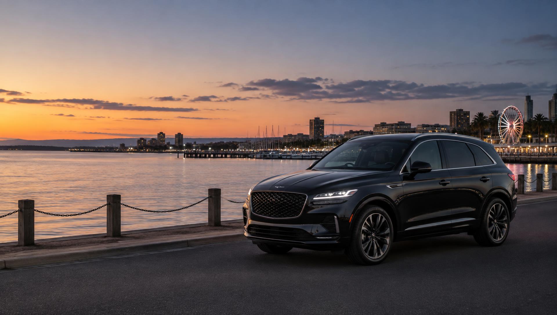 Dark executive SUV beside the Geelong waterfront at dusk