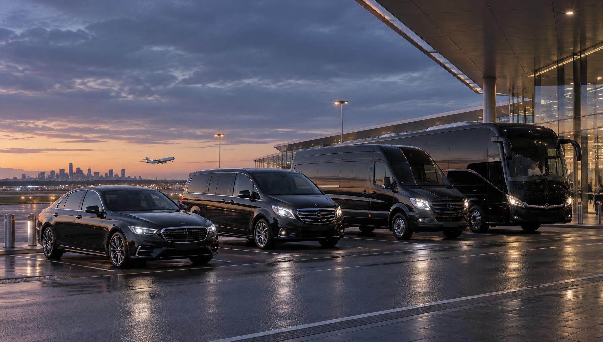 Coordinated dark sedan, people mover, van and coach at an airport terminal