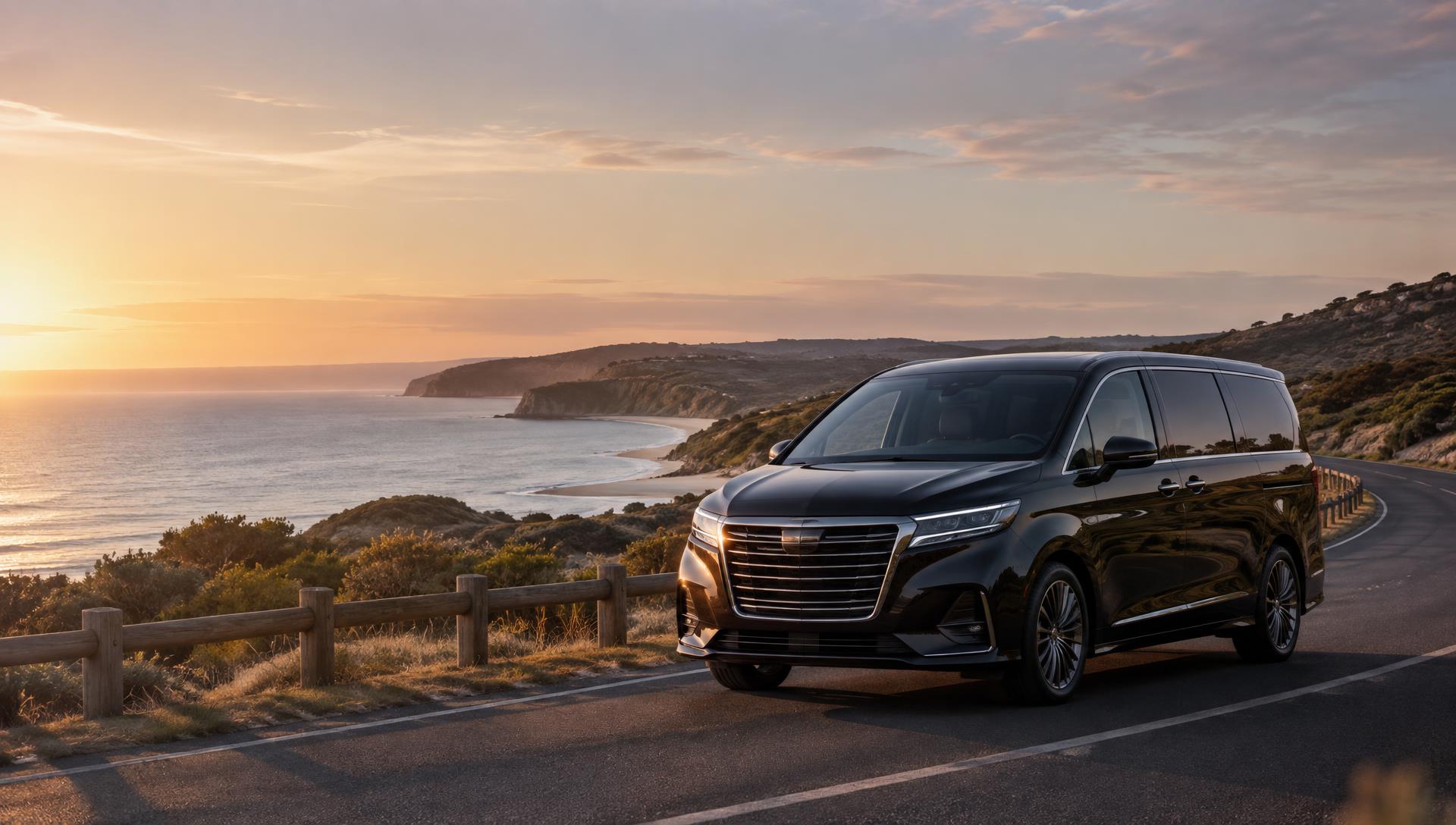 Dark executive people mover on a coastal road on the Mornington Peninsula