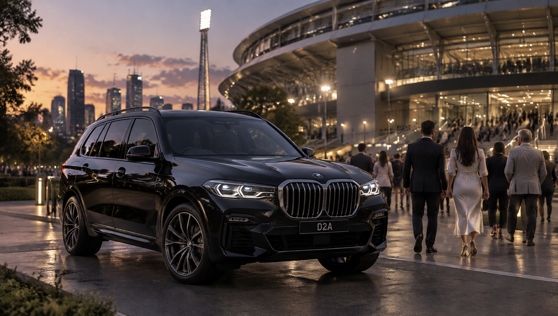 Black luxury SUV chauffeur vehicle outside an unbranded Australian stadium at dusk