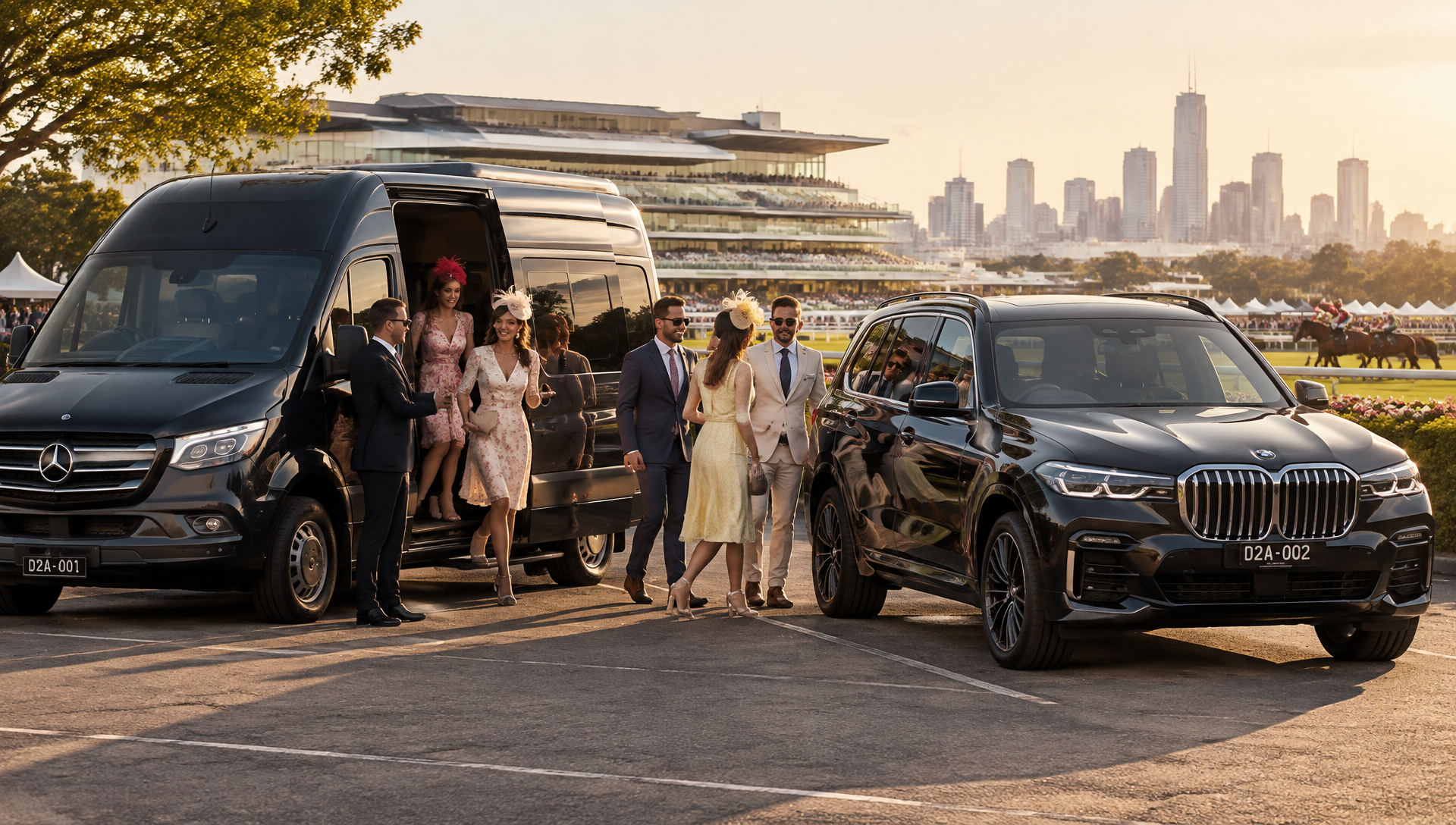 Black Mercedes-Benz Sprinter and BMW X7 for a Melbourne Spring Racing group