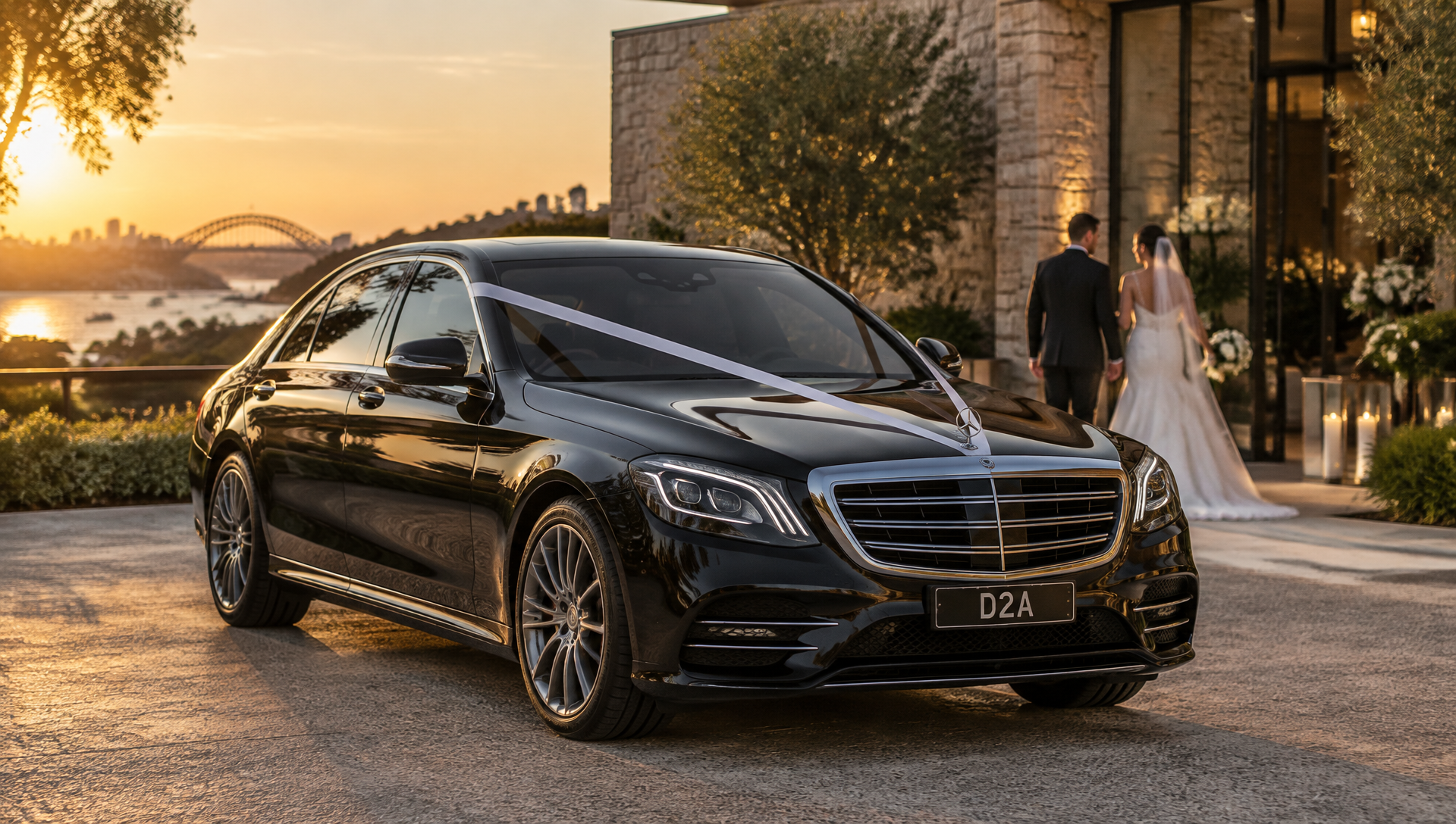 Black Mercedes-Benz S-Class wedding car with white ribbons at an Australian venue