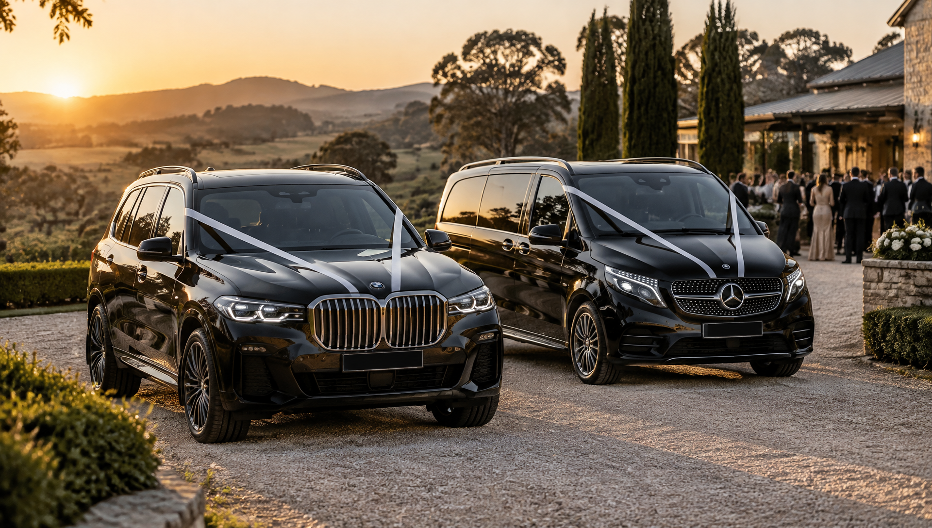 Black luxury SUV and Mercedes-Benz V-Class providing wedding guest transport