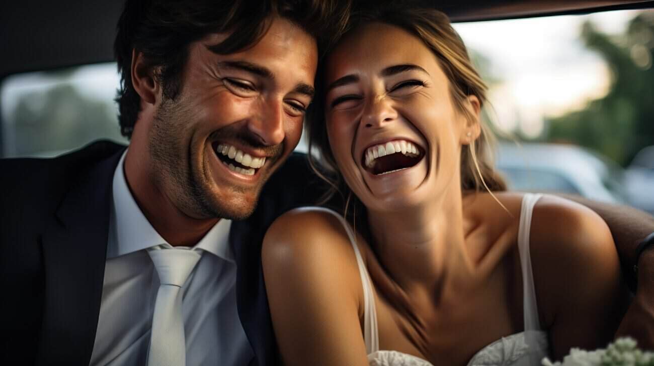 Joyful couple smiling in car, celebrating special moment.
