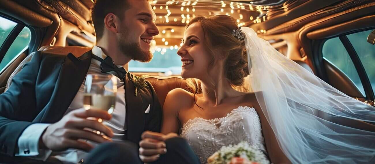 Wedding couple in a limousine celebrating their special day.