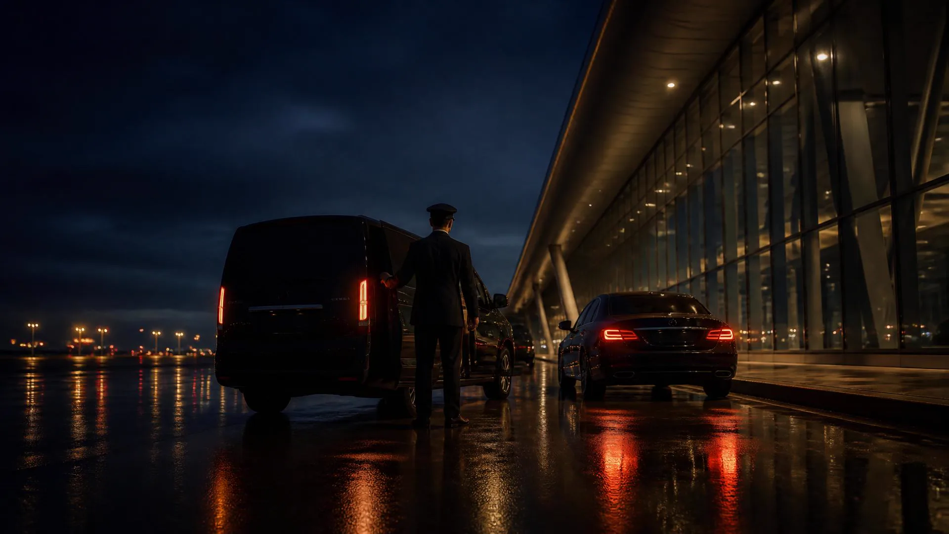 Black executive van and sedan waiting on an empty airport terminal forecourt before dawn, chauffeur seen from behind holding the rear door open